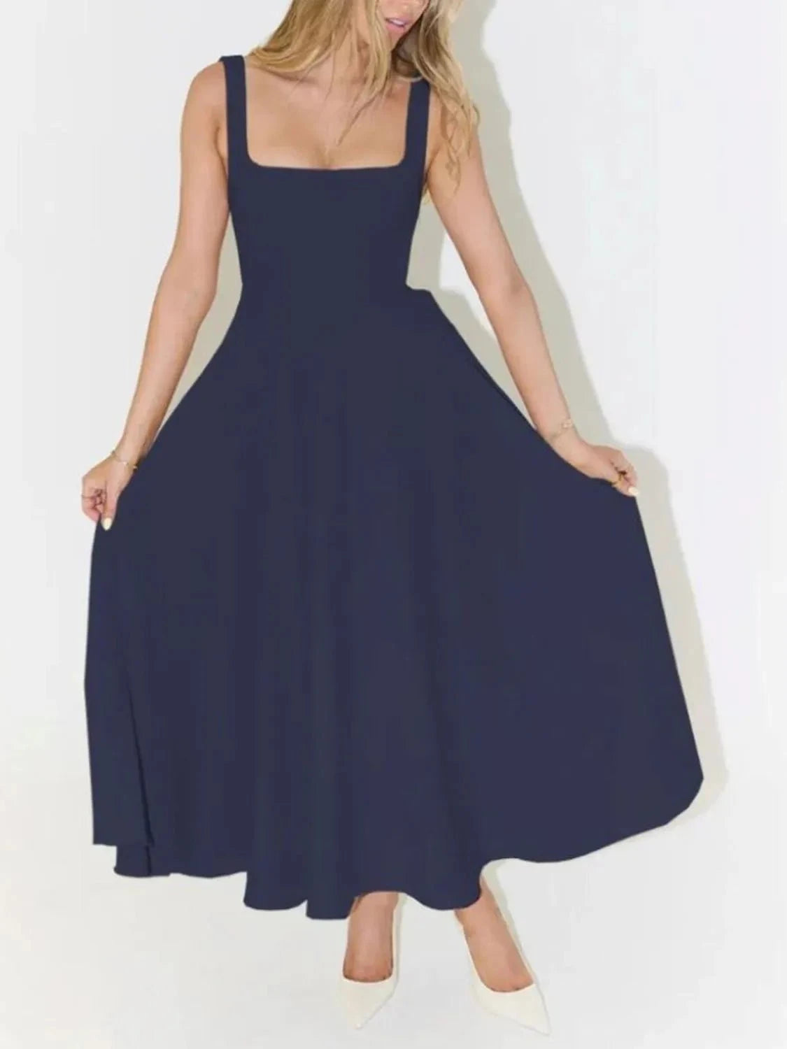 Square Neck Sleeveless Midi Dress Navy Blue / S