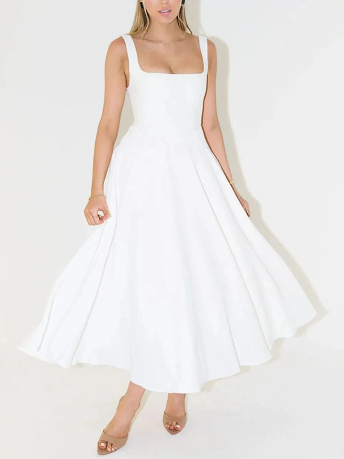 Square Neck Sleeveless Midi Dress White / S
