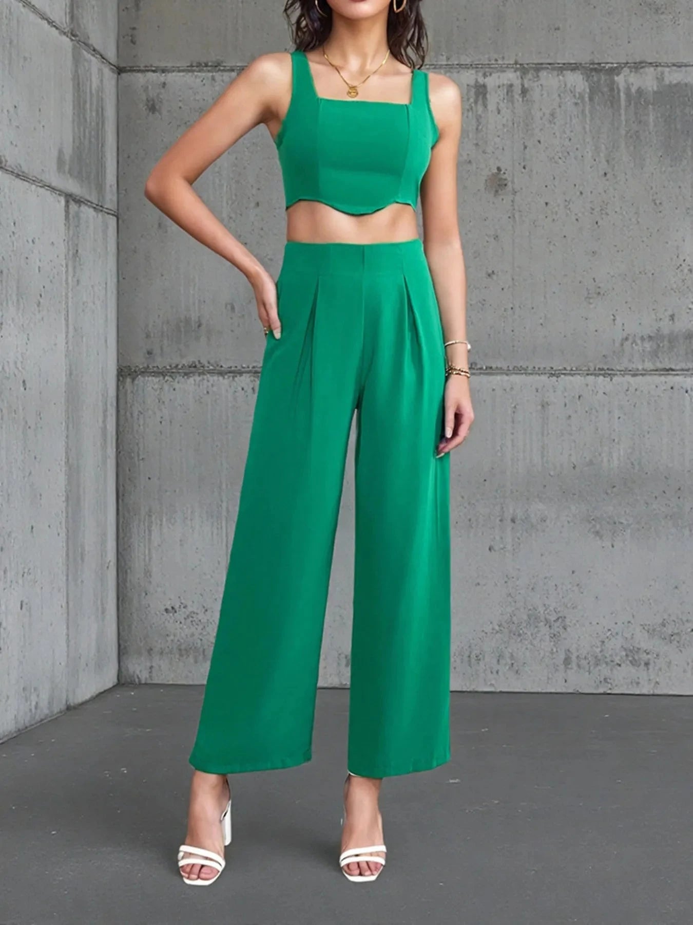 Square Neck Tank and Pants Set Green / S