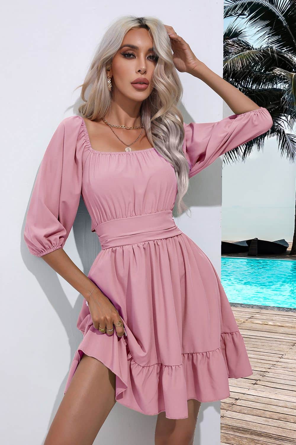 Square Neck Tie Back Ruffle Hem Dress Blush Pink / S