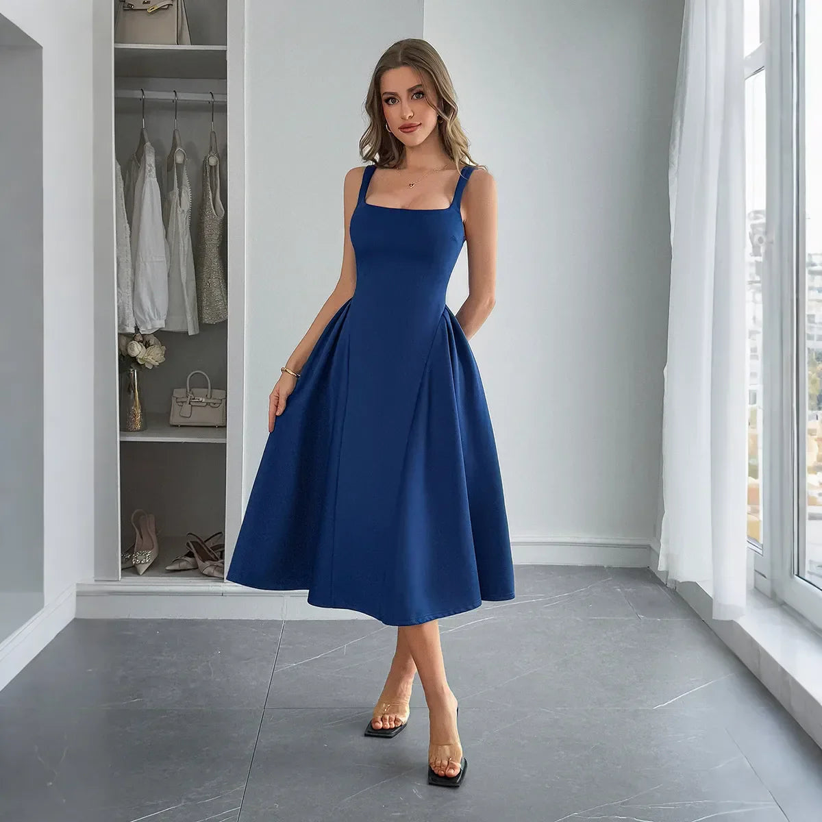 Square Neck Wide Strap Midi Dress Navy / S