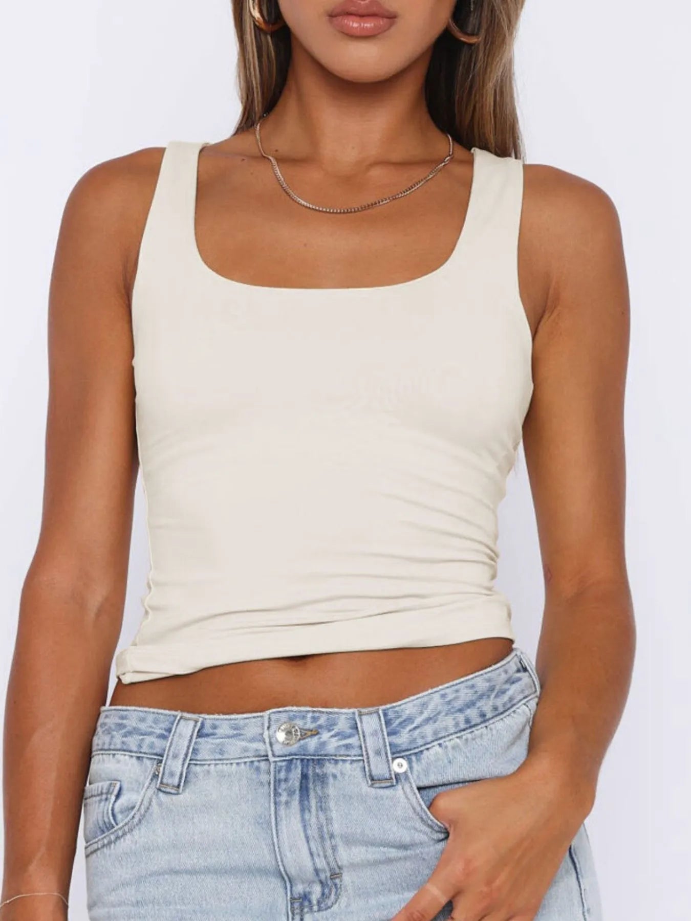 Square Neck Wide Strap Tank Dust Storm / S