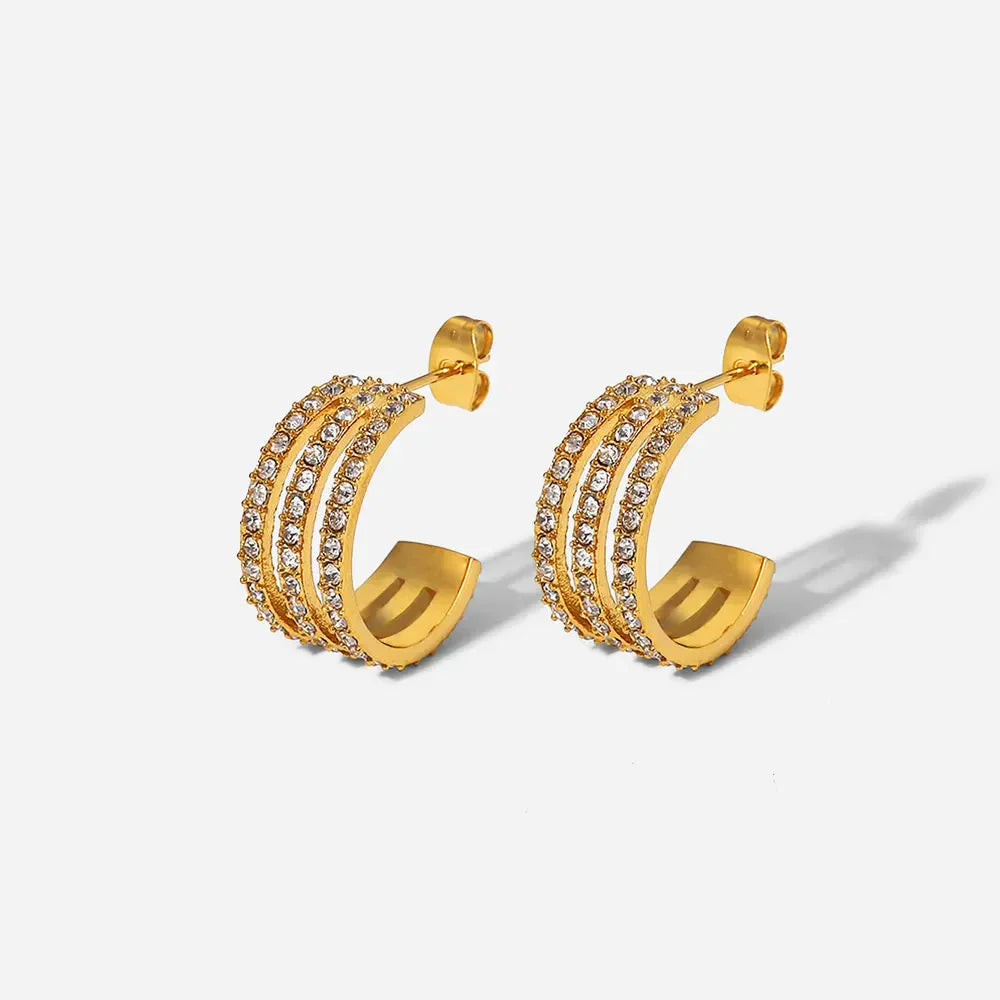 Stainless Steel Inlaid Zircon C-Hoop Earrings Gold / One Size