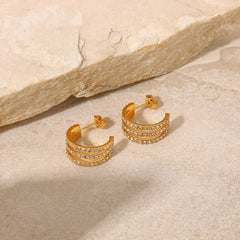 Stainless Steel Inlaid Zircon C-Hoop Earrings Gold / One Size