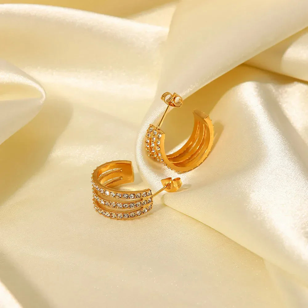 Stainless Steel Inlaid Zircon C-Hoop Earrings Gold / One Size