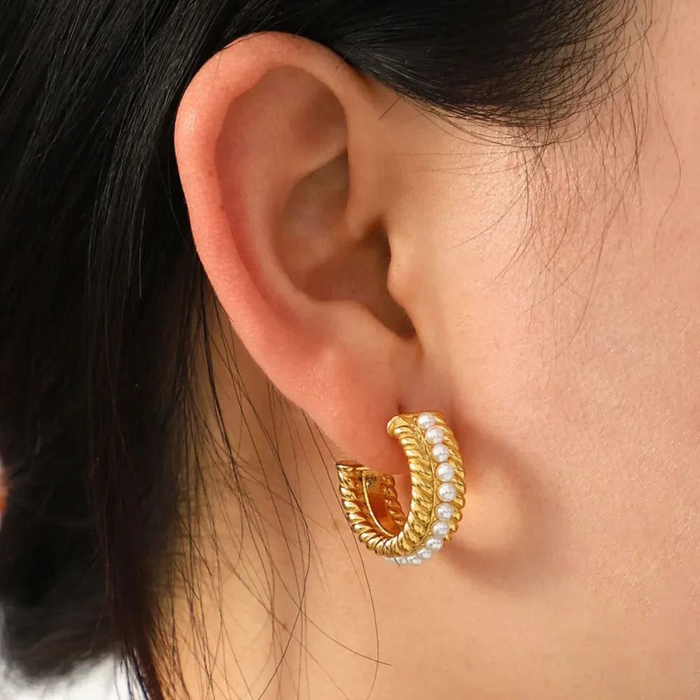 Stainless Steel Pearl C-Hoop Earrings Gold / One Size