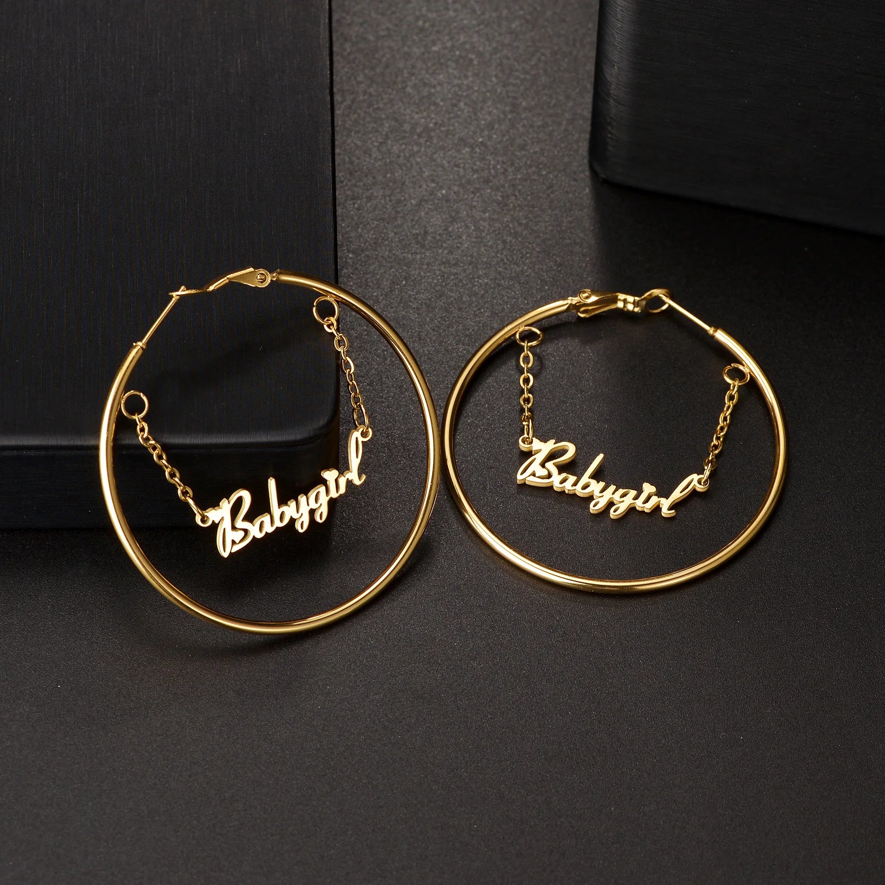 Stainless steel personalized name earrings with chain