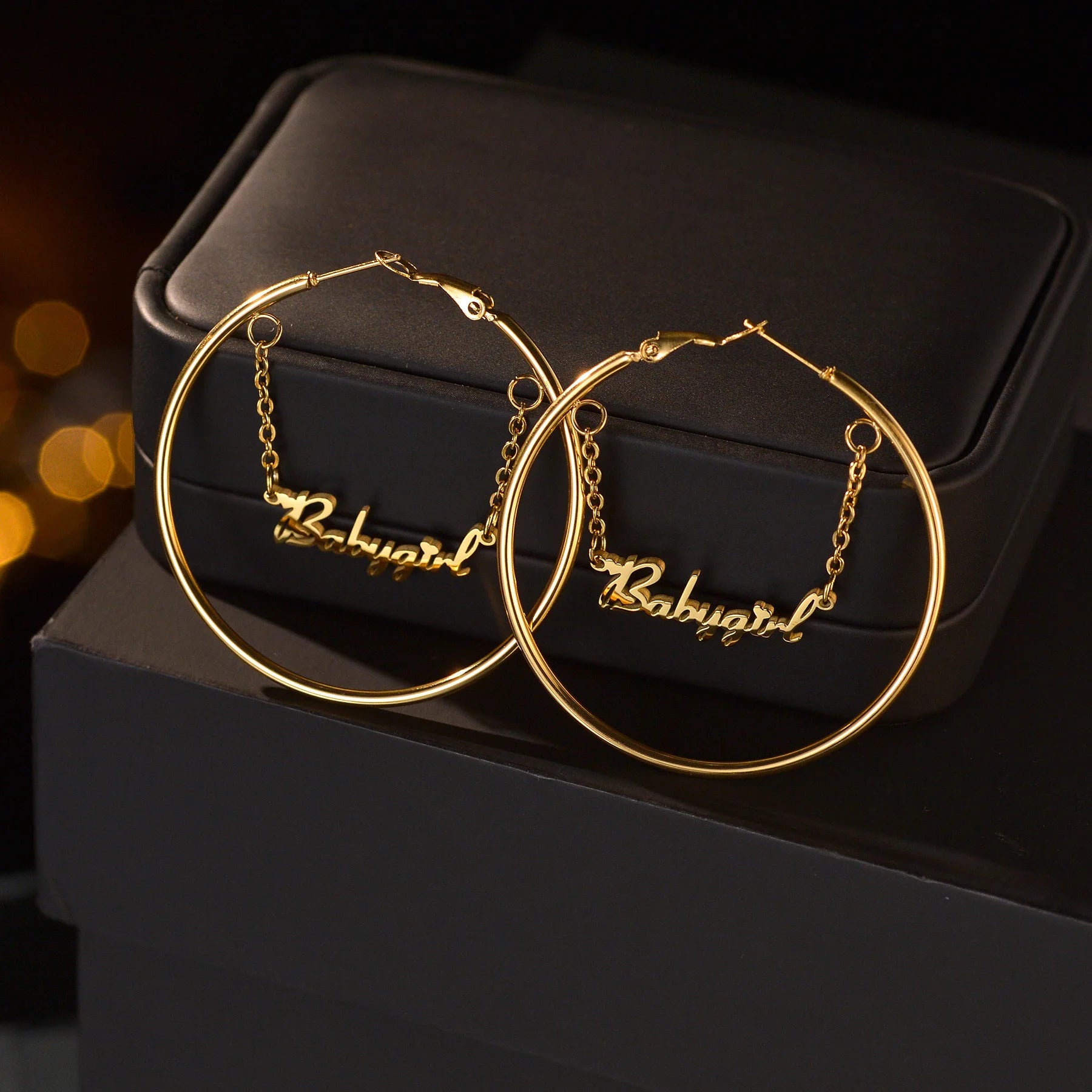 Stainless steel personalized name earrings with chain
