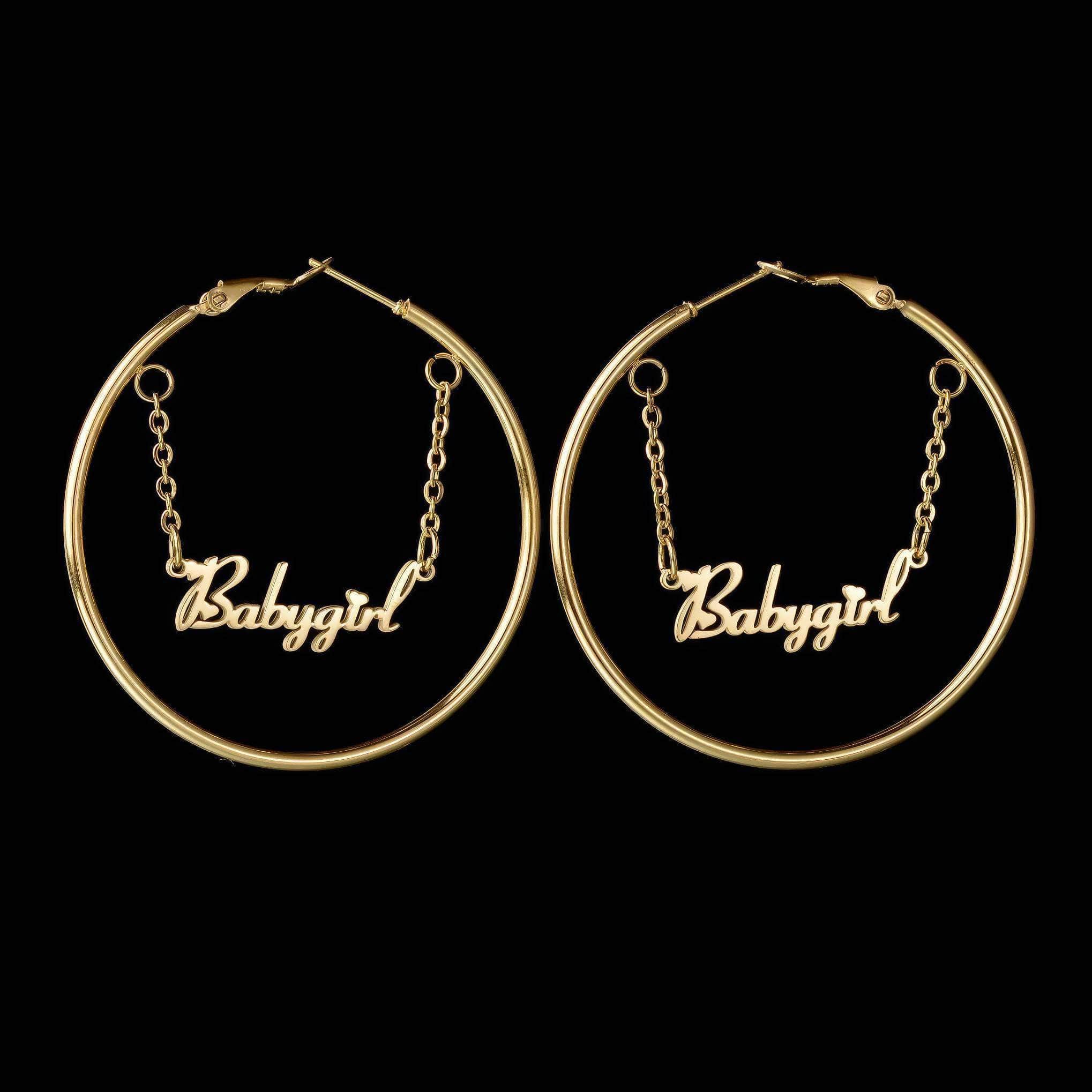 Stainless steel personalized name earrings with chain gold color / 25cm