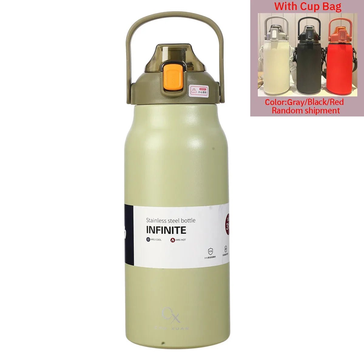 Stainless steel thermal tumbler with straw Green-With Cup Bag / 1300ml