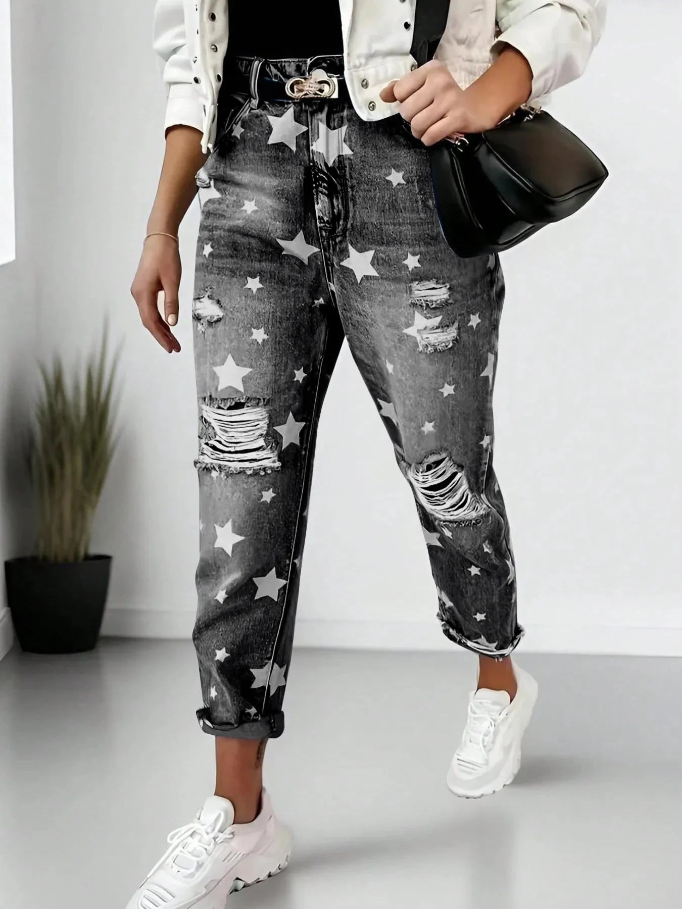 Star Print Distressed High Waist Boyfriend Jeans