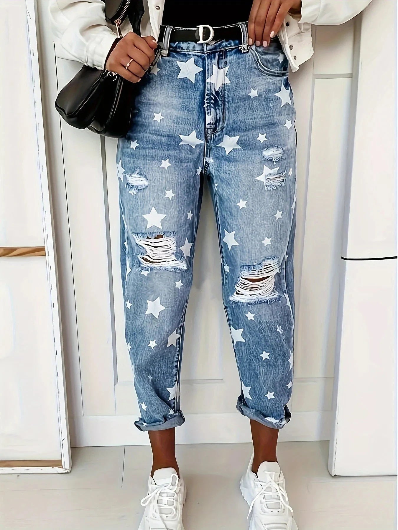 Star Print Distressed High Waist Boyfriend Jeans