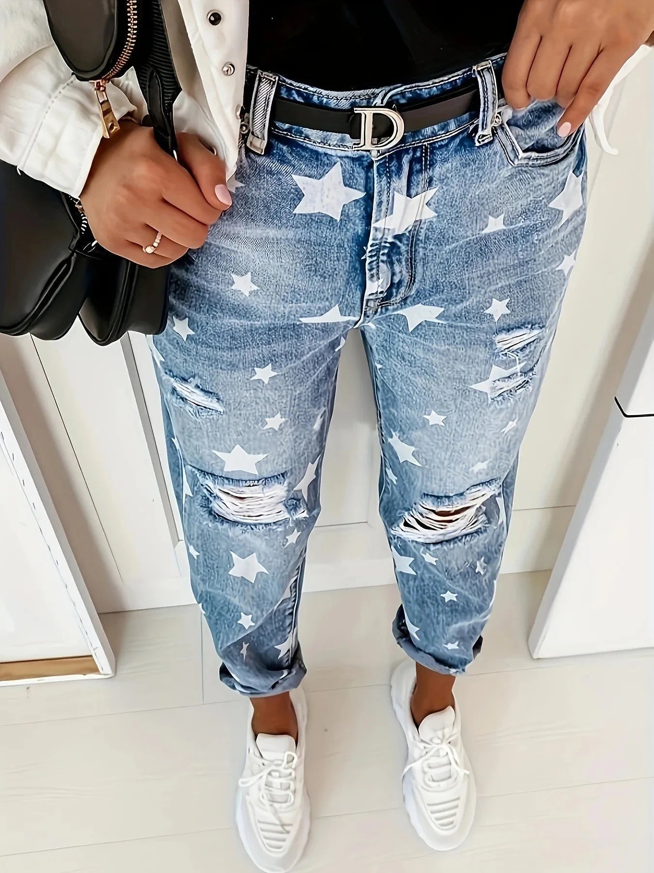 Star Print Distressed High Waist Boyfriend Jeans Light Blue / XS