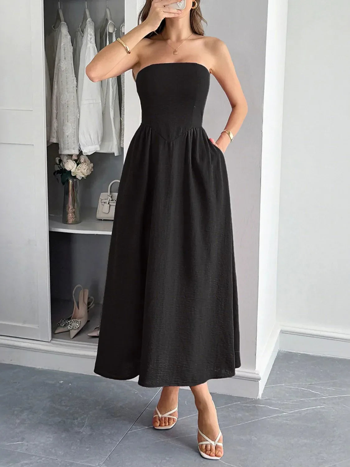 Strapless A-Line Midi Dress with Pockets Black / S
