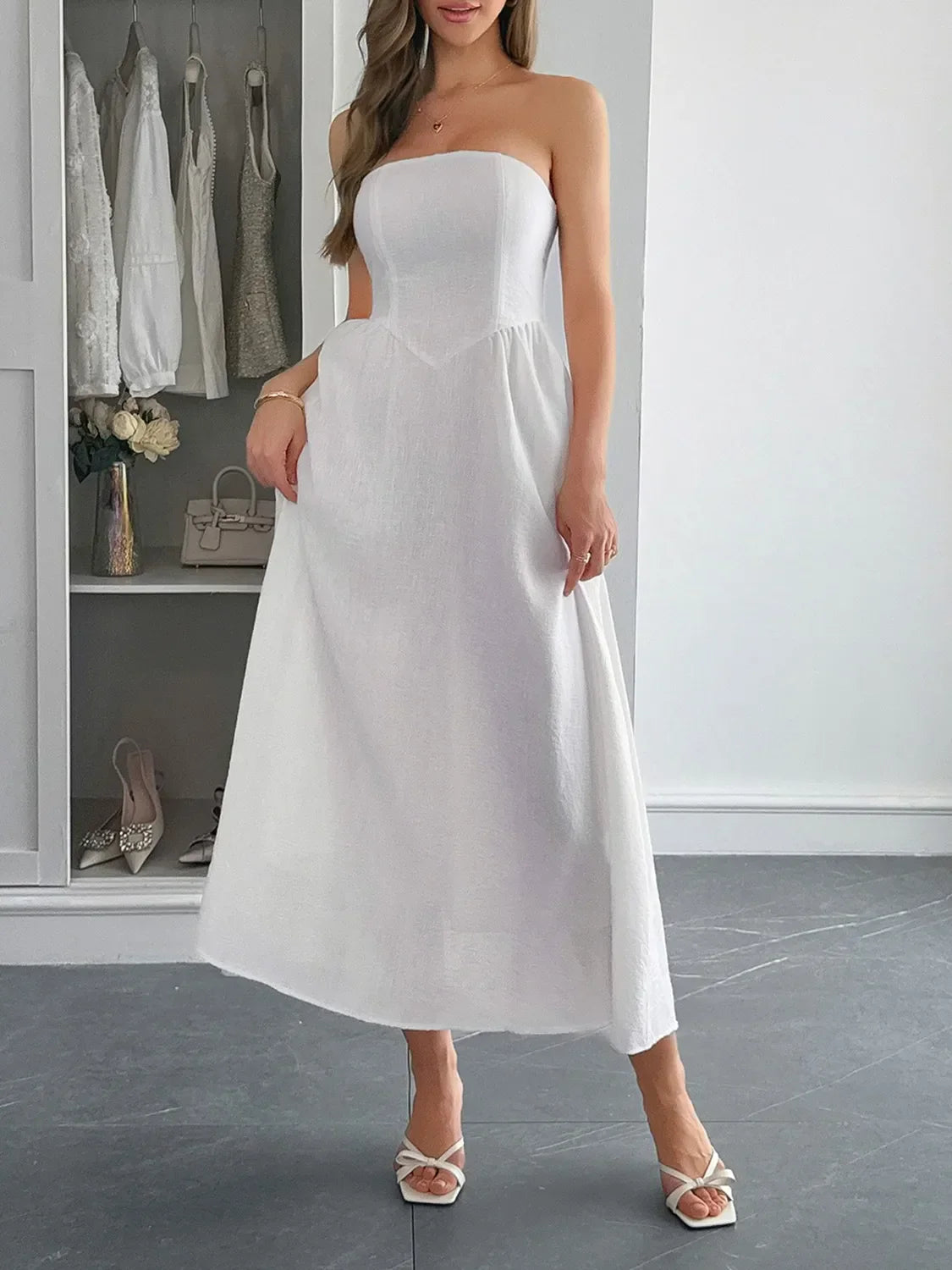 Strapless A-Line Midi Dress with Pockets White / S