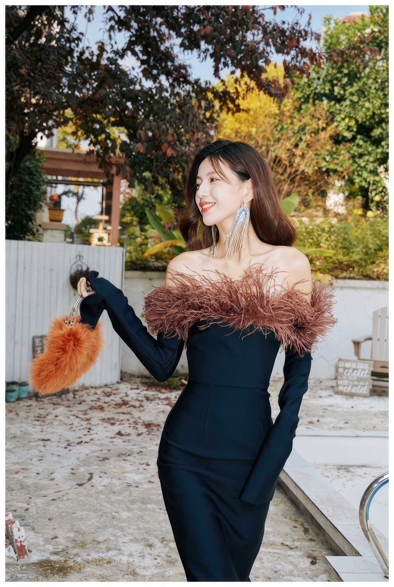 Strapless Off-Shoulder Feather Trimmed Dress