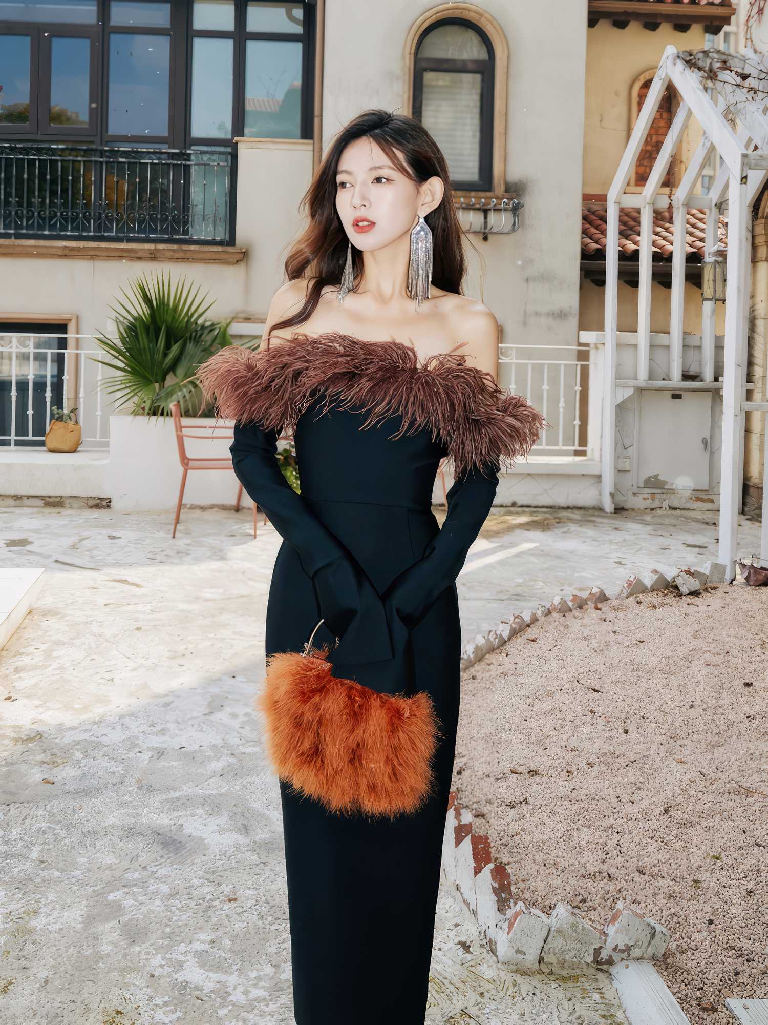 Strapless Off-Shoulder Feather Trimmed Dress