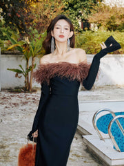Strapless Off-Shoulder Feather Trimmed Dress