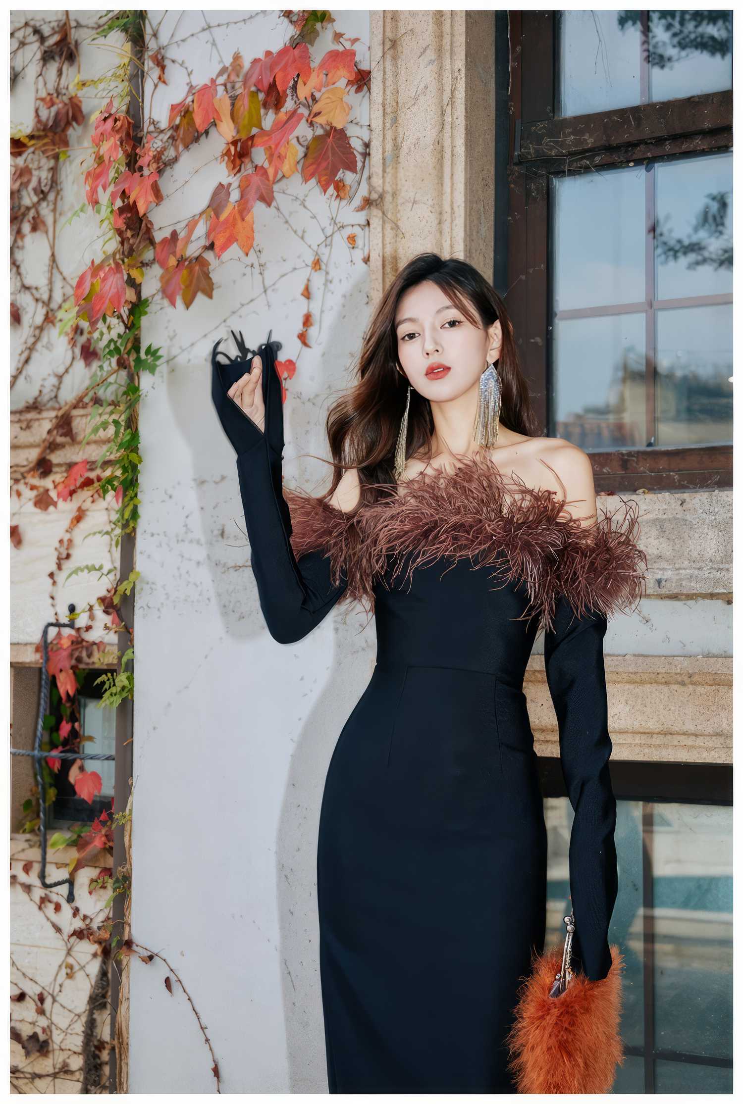 Strapless Off-Shoulder Feather Trimmed Dress