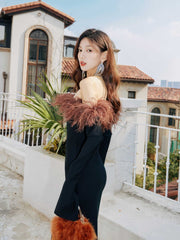 Strapless Off-Shoulder Feather Trimmed Dress