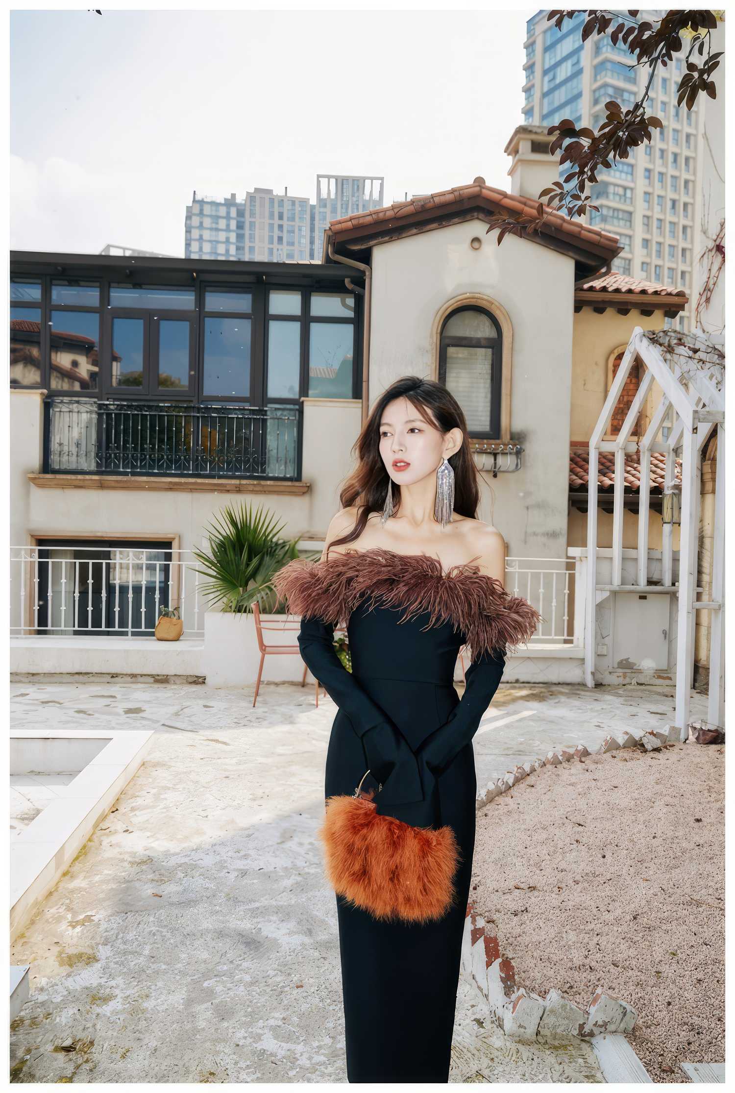 Strapless Off-Shoulder Feather Trimmed Dress