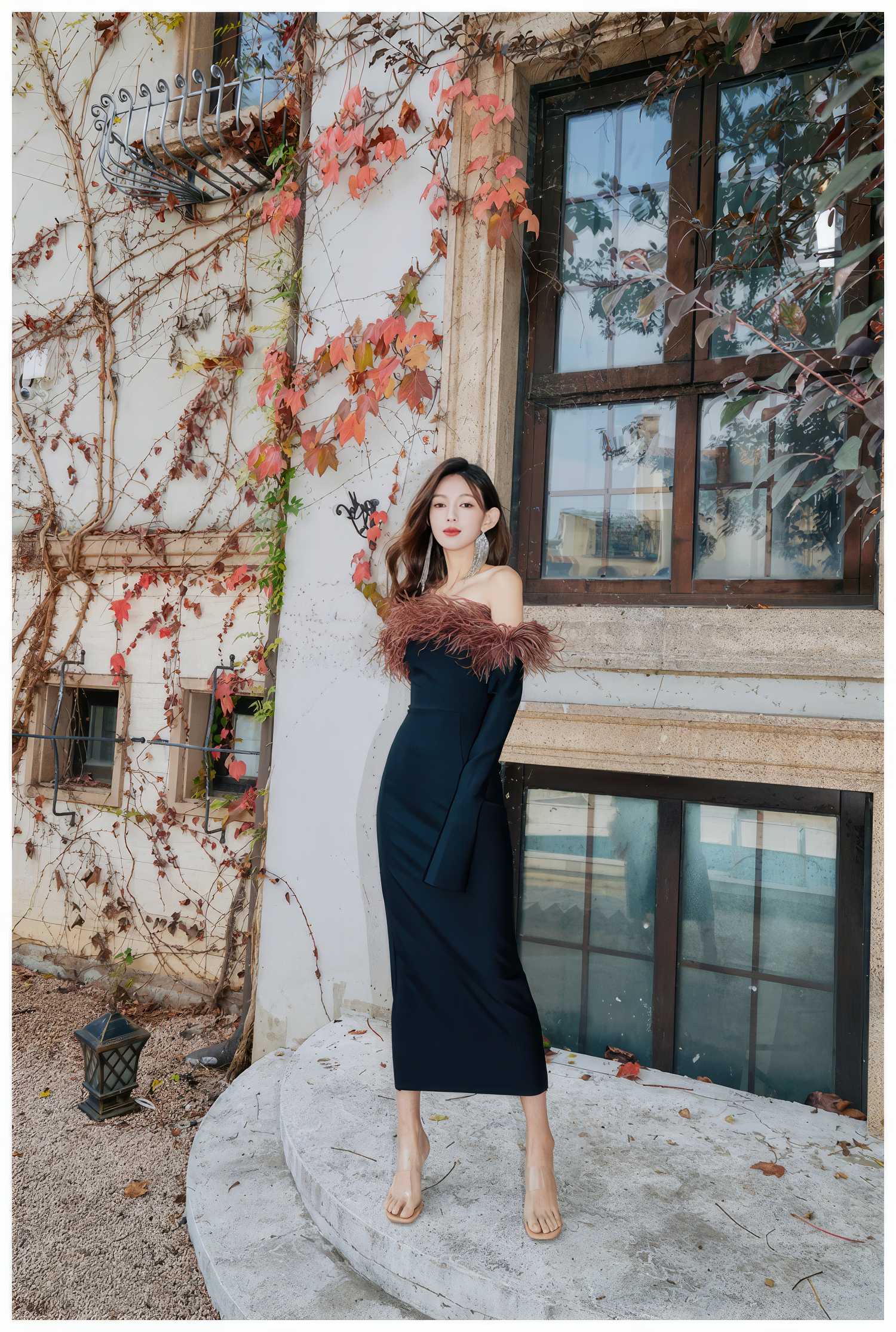 Strapless Off-Shoulder Feather Trimmed Dress