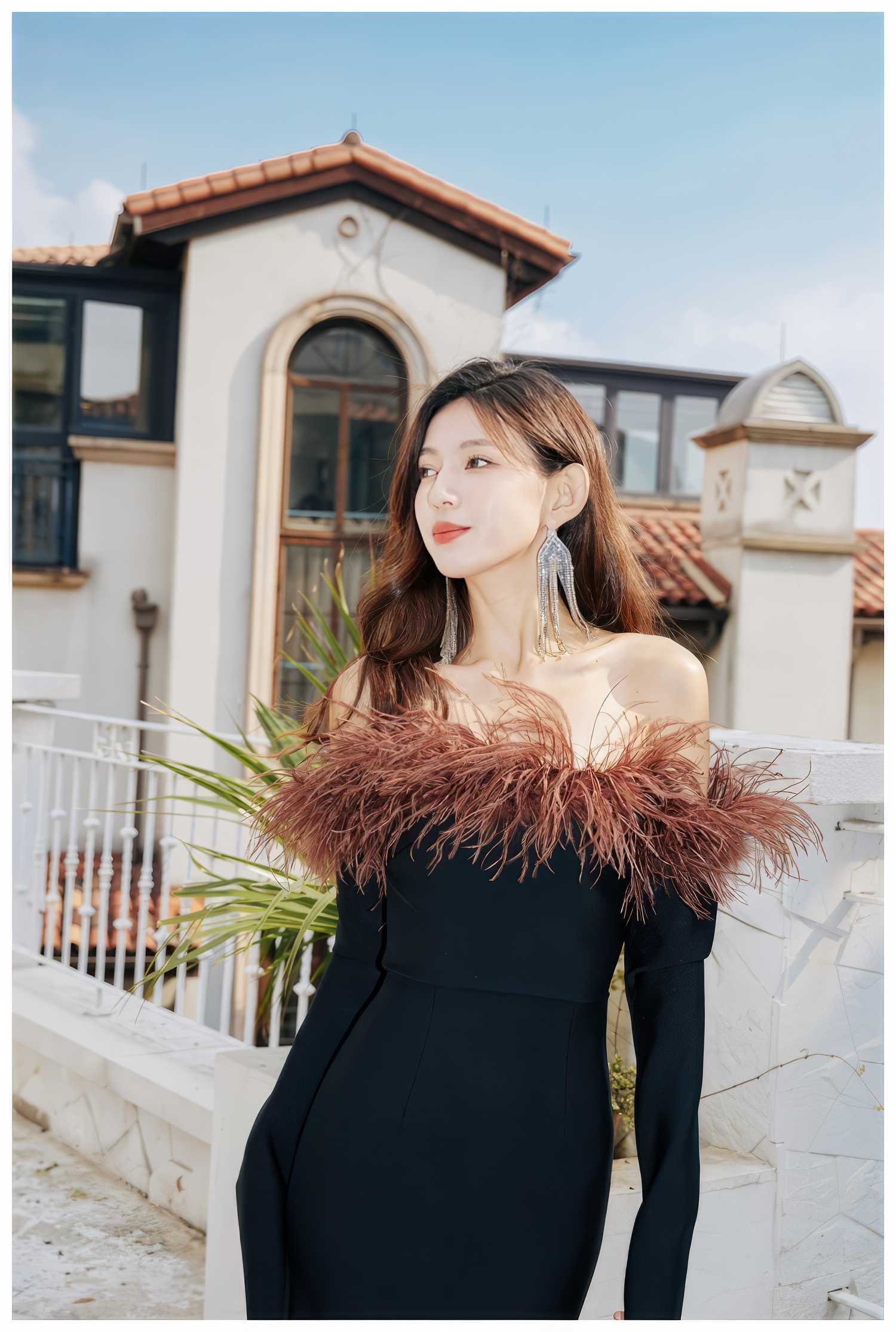 Strapless Off-Shoulder Feather Trimmed Dress