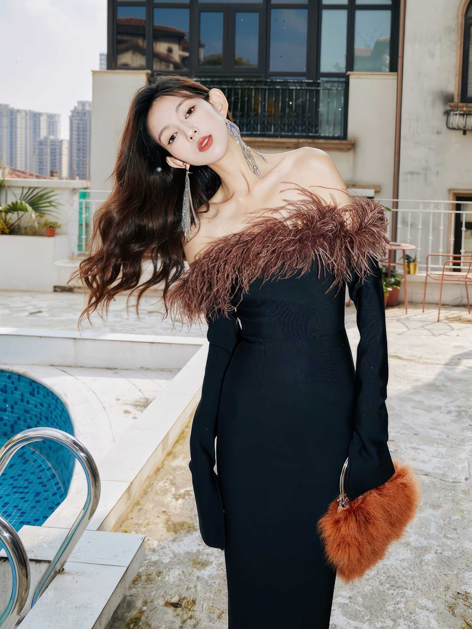 Strapless Off-Shoulder Feather Trimmed Dress