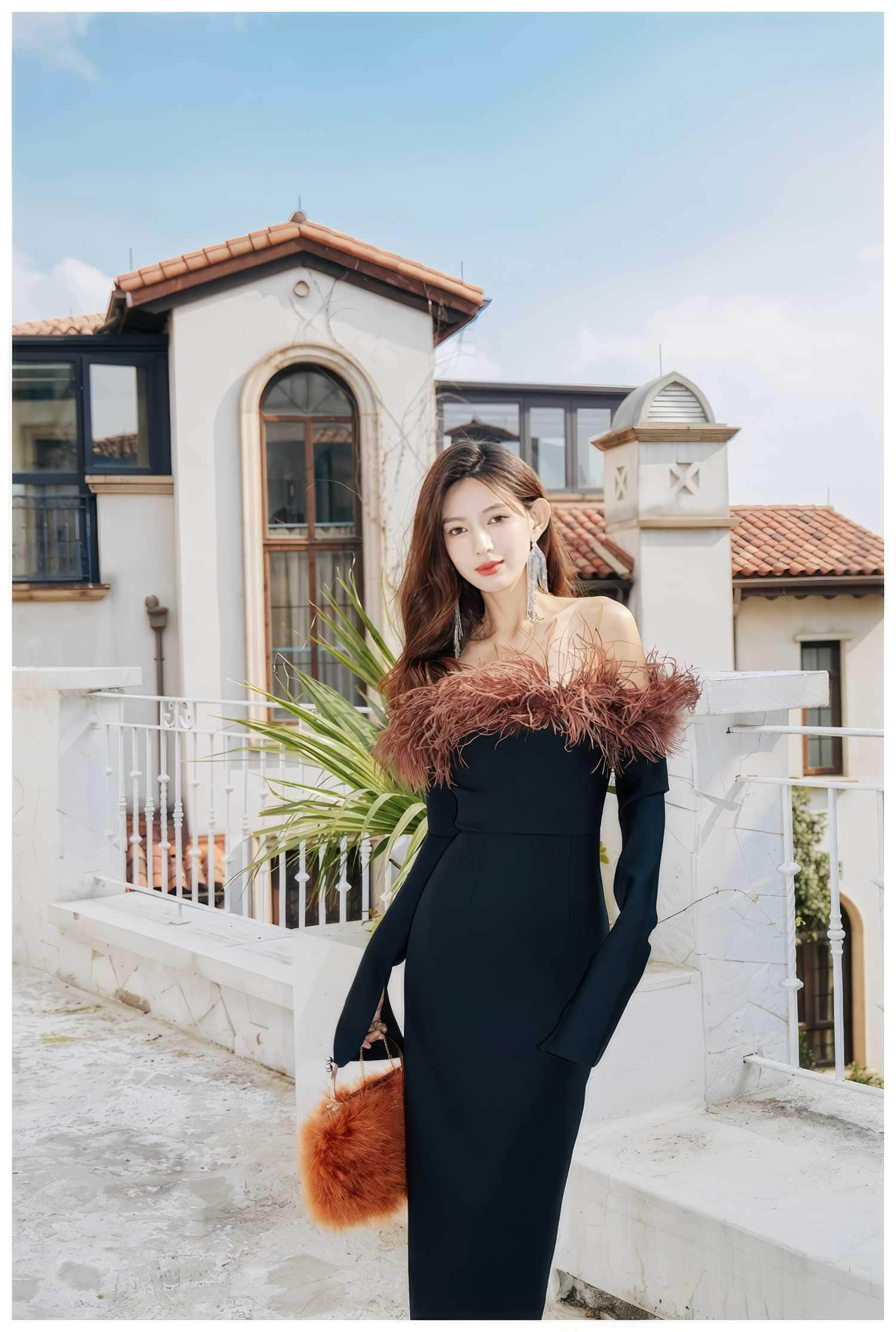 Strapless Off-Shoulder Feather Trimmed Dress