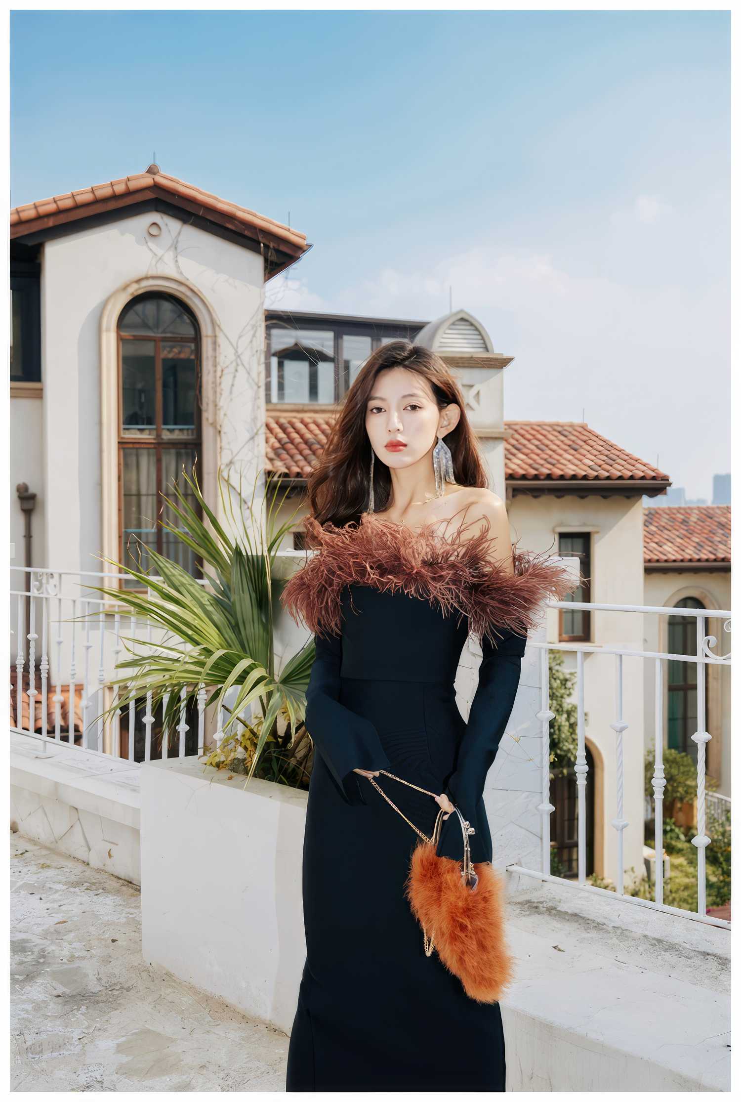 Strapless Off-Shoulder Feather Trimmed Dress