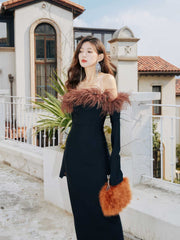 Strapless Off-Shoulder Feather Trimmed Dress XS / Black