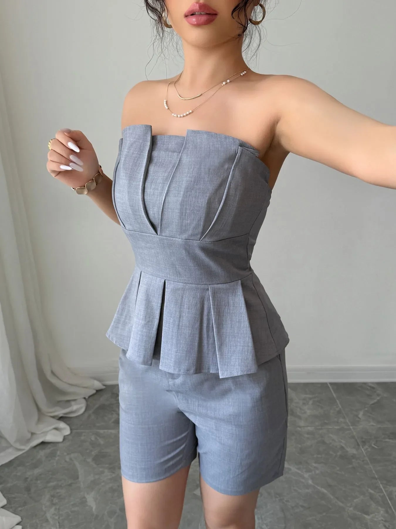 Strapless Peplum Top and Shorts Two-Piece Set Gray / S
