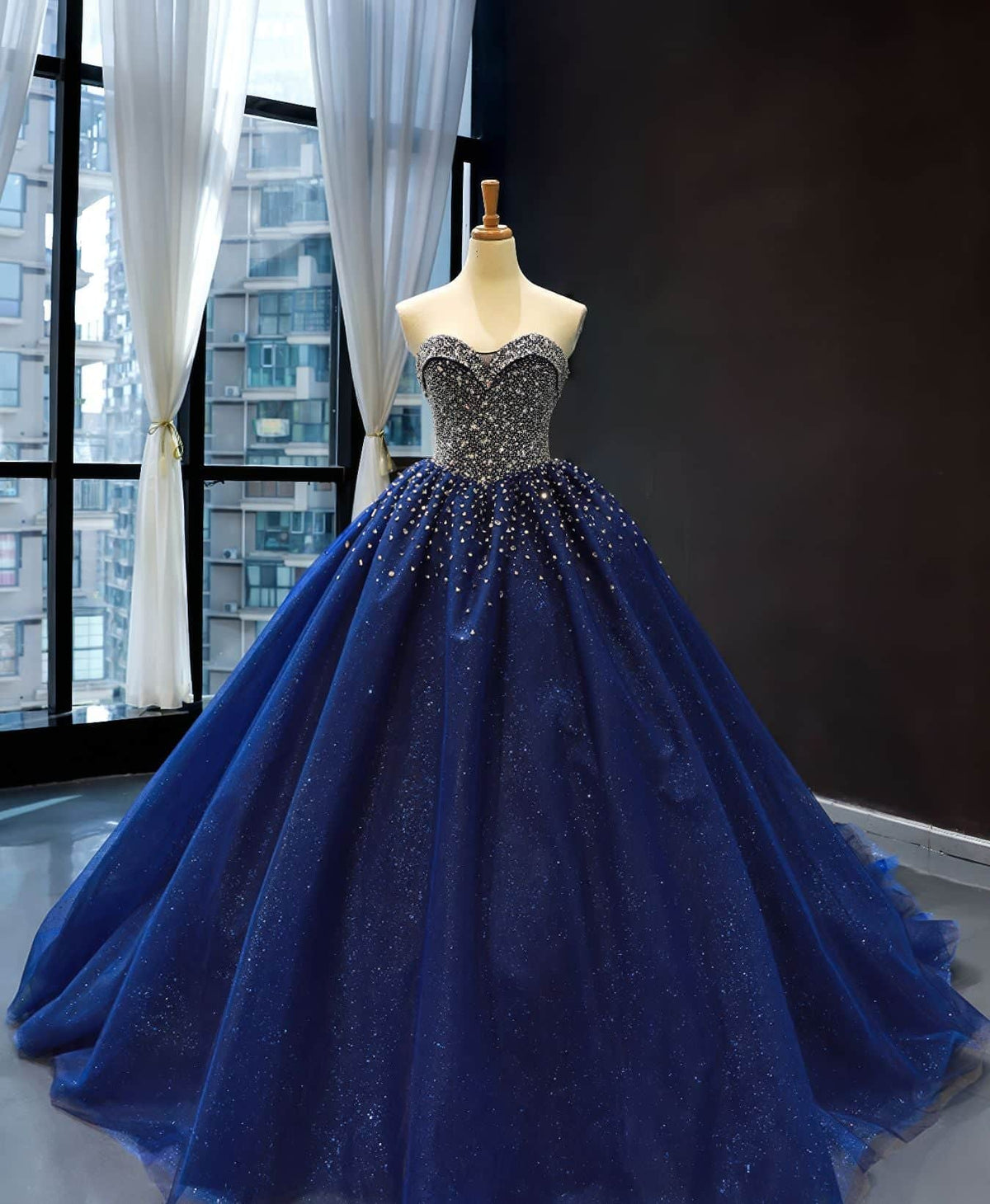 Strapless Sequined Bodice Navy Blue Quinceanera Dress - L4Y3B US 2 / Blue