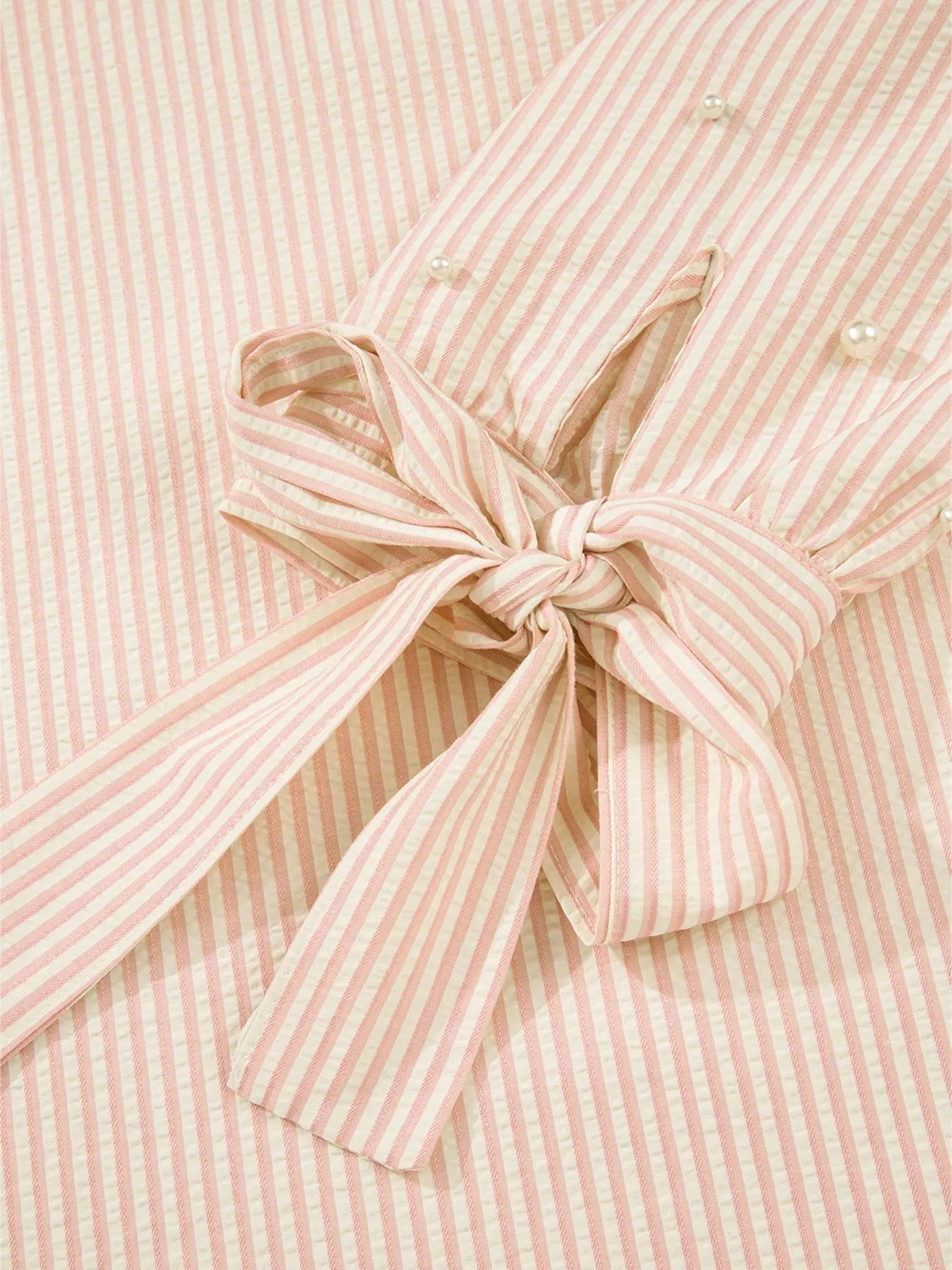 Stripe Bow Knot Cuff Pearl Embellished Puff Sleeve V Neck Blouse