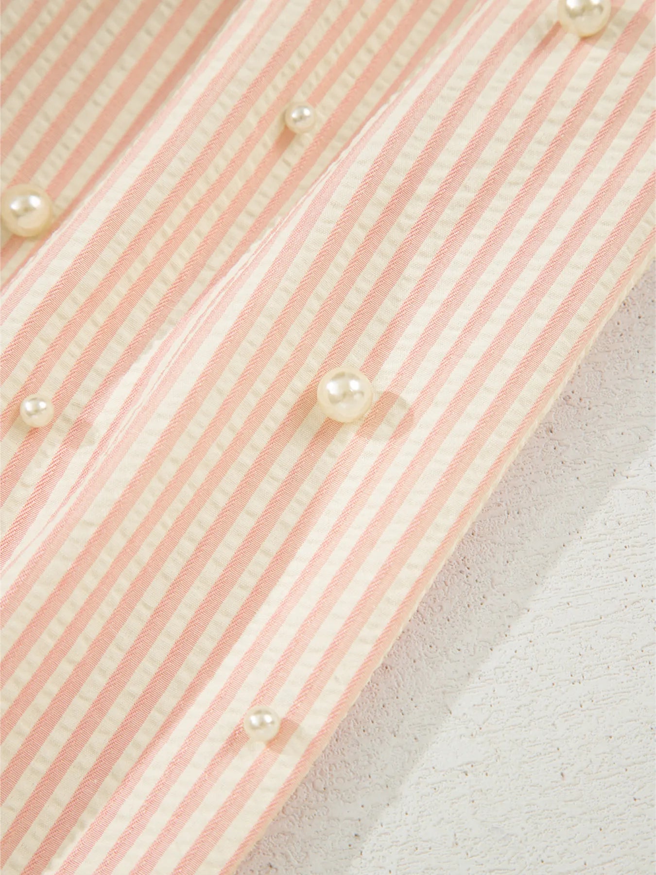 Stripe Bow Knot Cuff Pearl Embellished Puff Sleeve V Neck Blouse