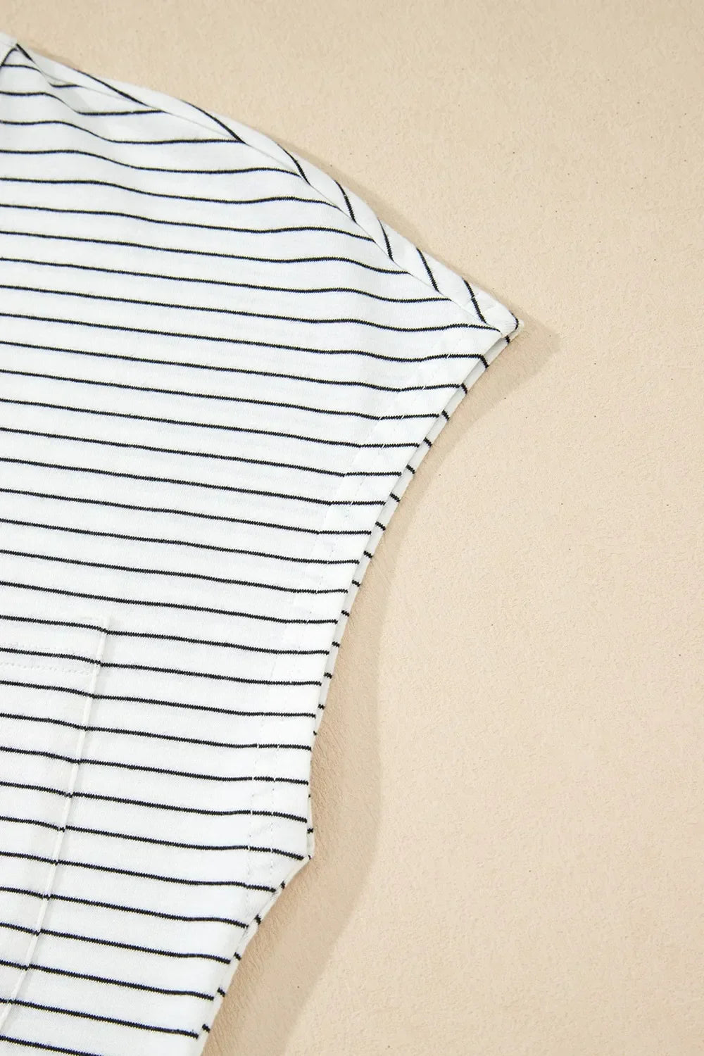Stripe Cap Sleeve Crew Neck Casual Tee with Chest Pocket