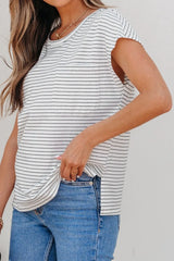 Stripe Cap Sleeve Crew Neck Casual Tee with Chest Pocket