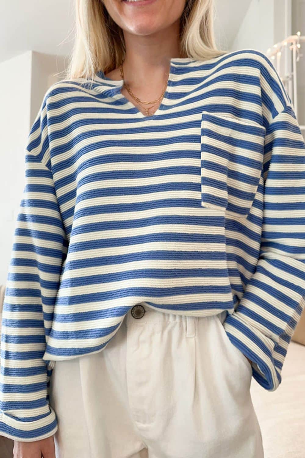 Stripe Chest Pocket Notched Top Peacock  Blue / S
