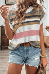 Stripe Color Block Eyelet Knit Short Sleeve Knit Top