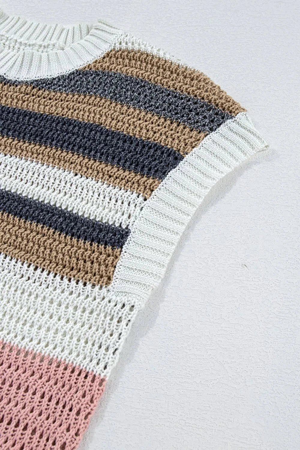 Stripe Color Block Eyelet Knit Short Sleeve Knit Top