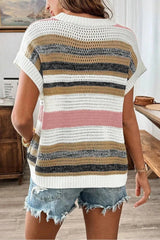 Stripe Color Block Eyelet Knit Short Sleeve Knit Top