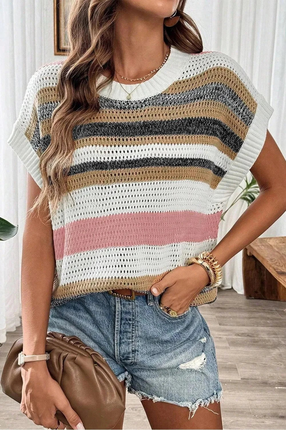 Stripe Color Block Eyelet Knit Short Sleeve Knit Top