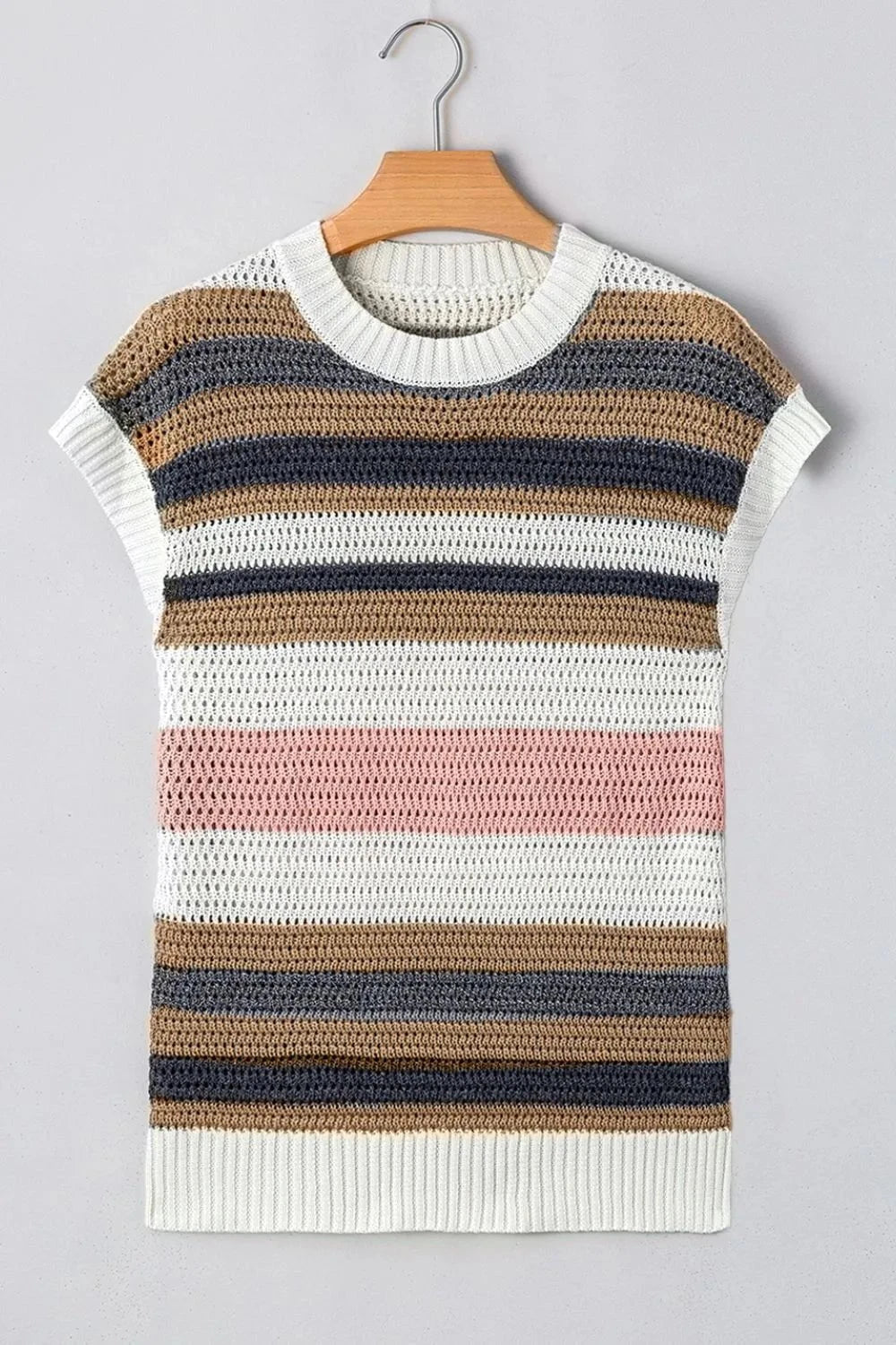 Stripe Color Block Eyelet Knit Short Sleeve Knit Top