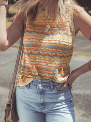 Stripe Eyelet Crochet Round Neck Sweater Vest