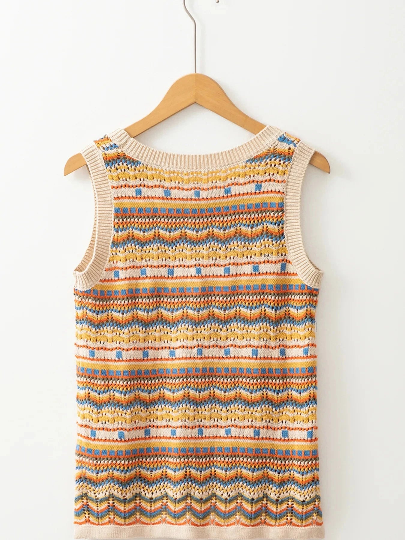 Stripe Eyelet Crochet Round Neck Sweater Vest