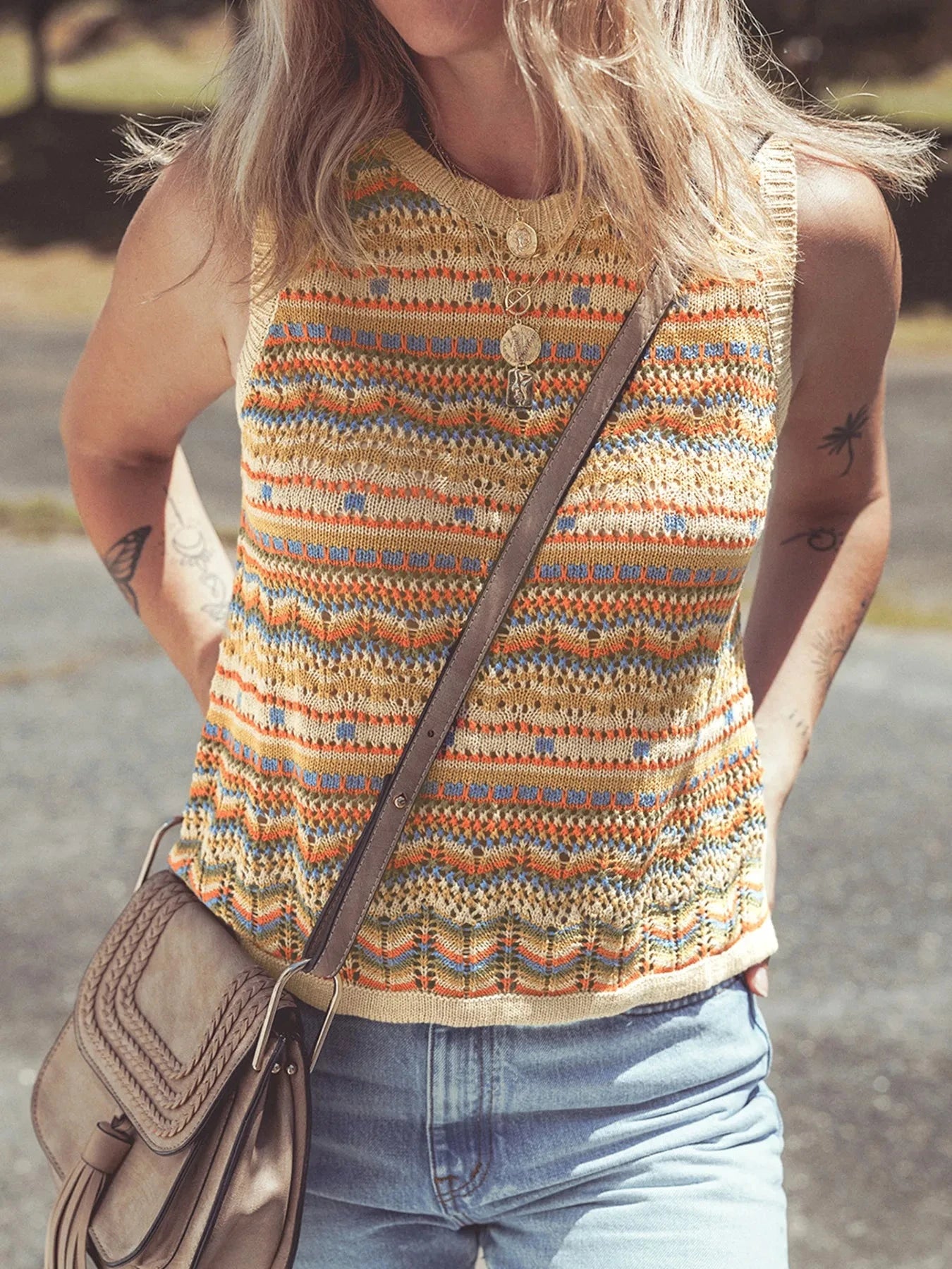 Stripe Eyelet Crochet Round Neck Sweater Vest