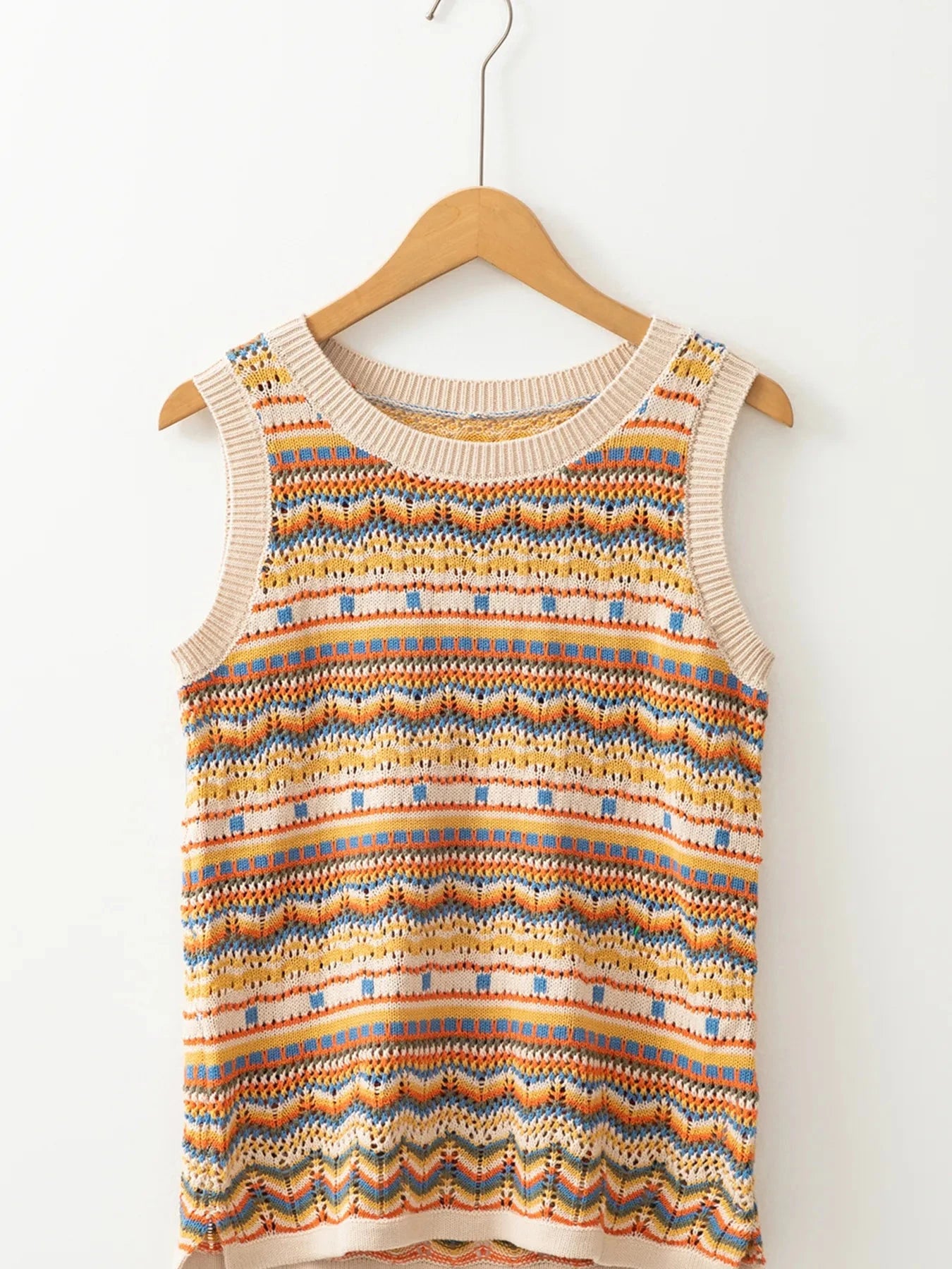 Stripe Eyelet Crochet Round Neck Sweater Vest