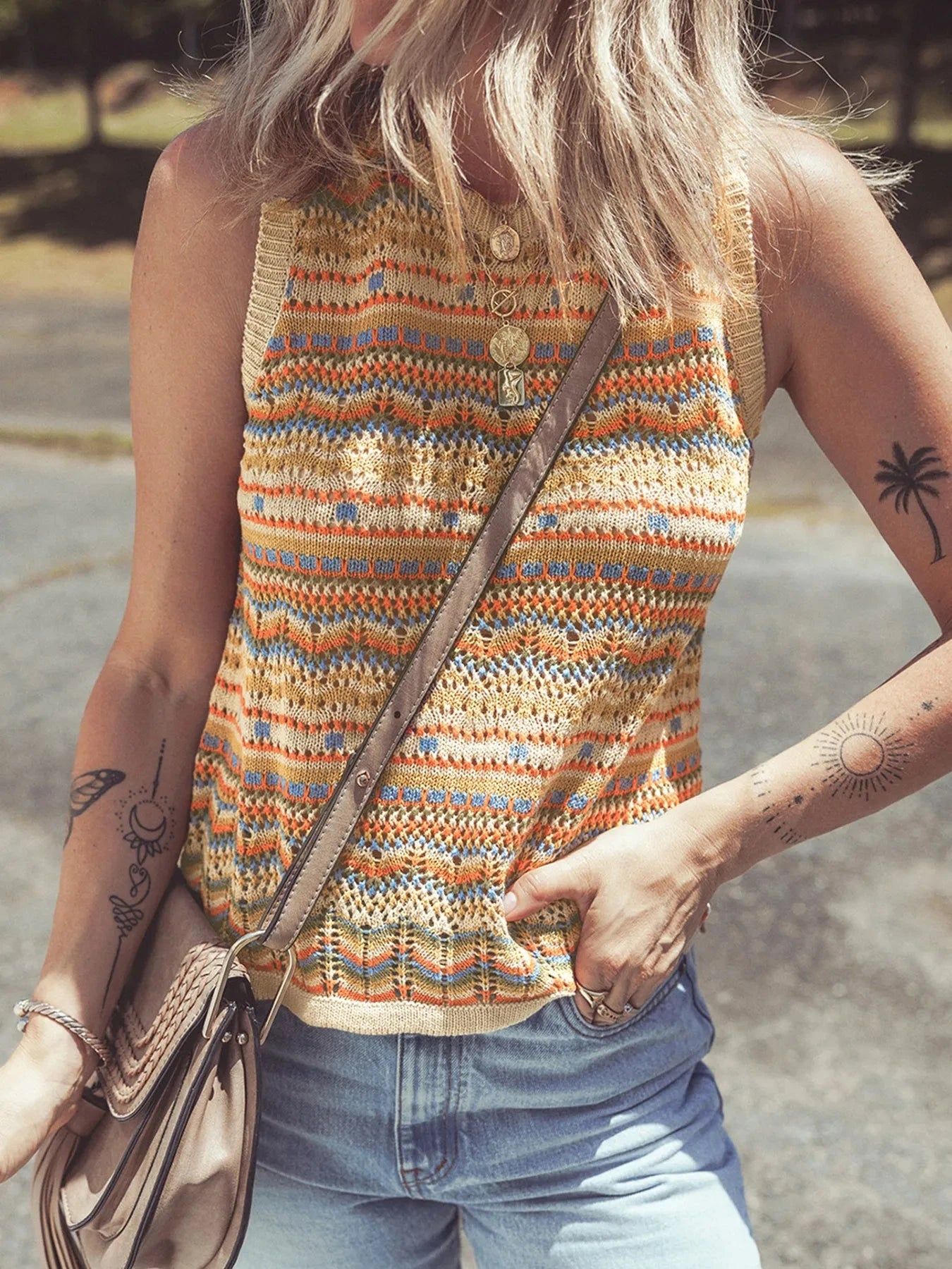 Stripe Eyelet Crochet Round Neck Sweater Vest Camel / S