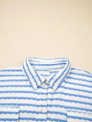Stripe Half Button Collared Chest Pockets Loose Fit Blouse