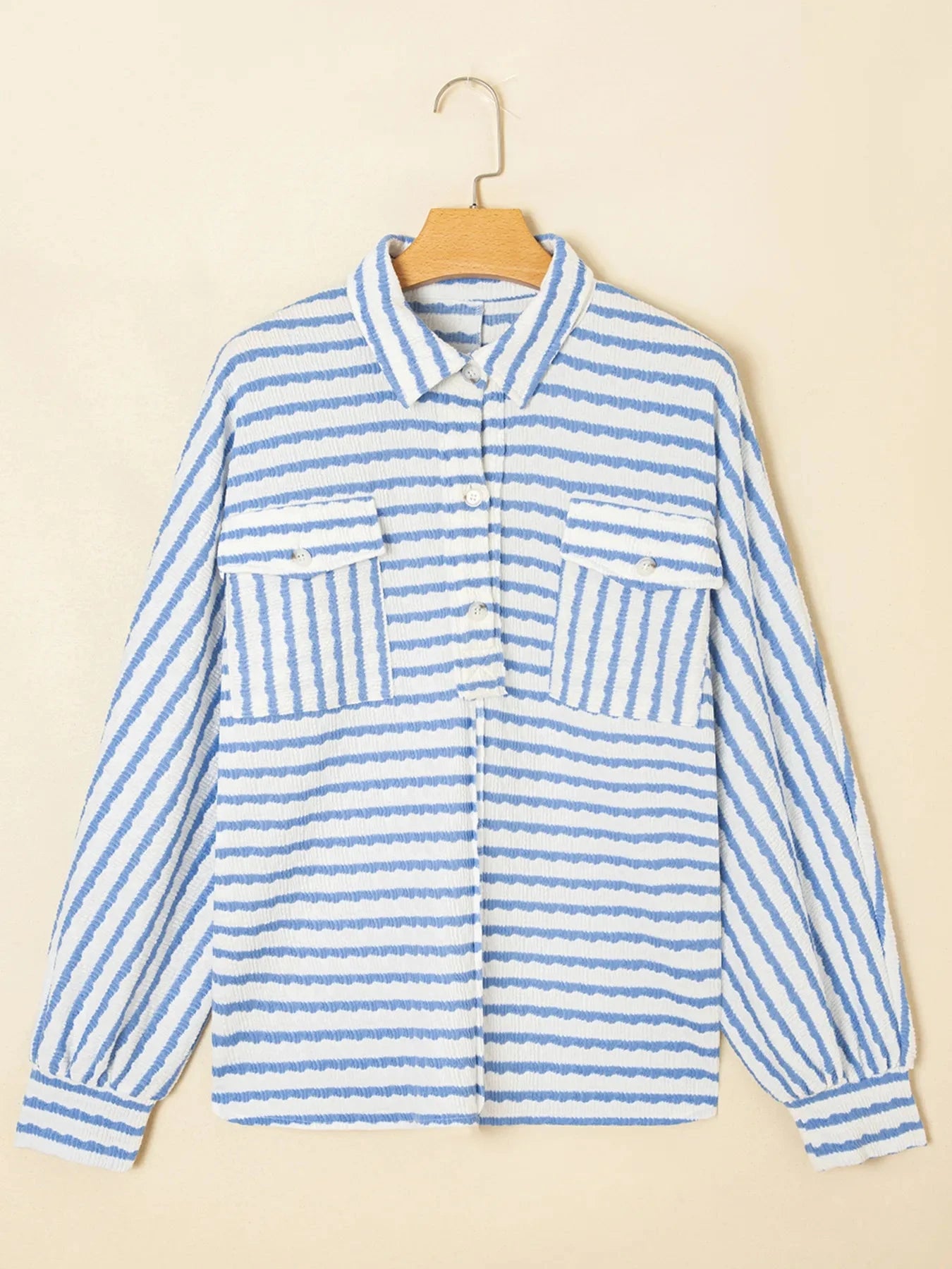 Stripe Half Button Collared Chest Pockets Loose Fit Blouse